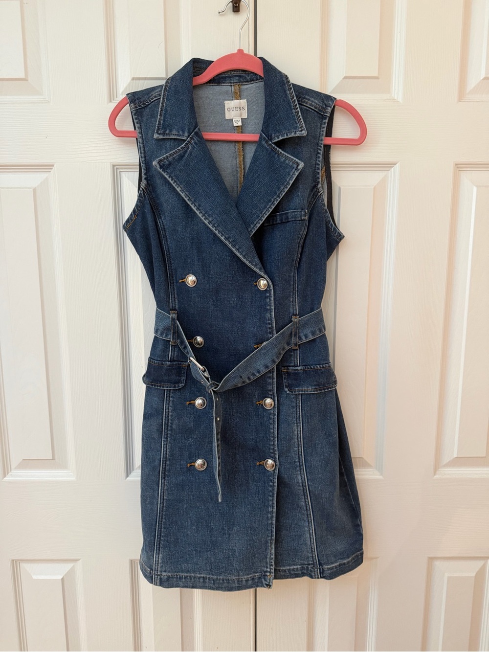 GUESS Dark Blue Sleeveless Double-Breasted Denim Trench Dress